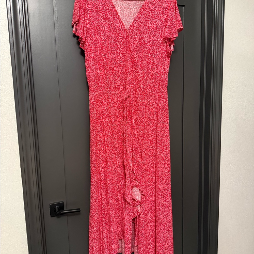 Red Floral Ruffle Front Maxi Dress
